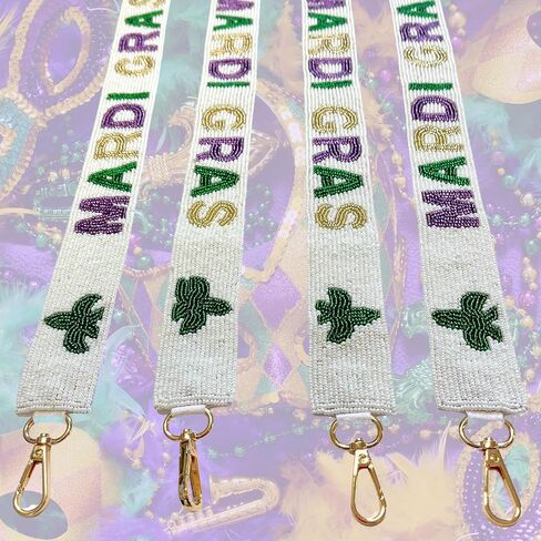 Lashicorn Mardi Gras Beaded Purse Strap White with Green, Purple, and Gold Girls Bourbon Street Bride Louisiana for Bag Mask Fleur Holiday 49" Long OOTD in Saudi Arabia