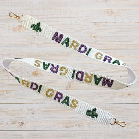 Lashicorn Mardi Gras Beaded Purse Strap White with Green, Purple, and Gold Girls Bourbon Street Bride Louisiana for Bag Mask Fleur Holiday 49" Long OOTD in Saudi Arabia