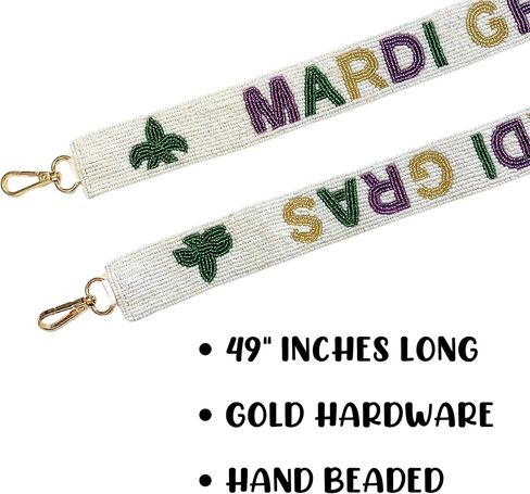 Lashicorn Mardi Gras Beaded Purse Strap White with Green, Purple, and Gold Girls Bourbon Street Bride Louisiana for Bag Mask Fleur Holiday 49" Long OOTD in Saudi Arabia