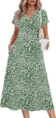 WNEEDU Women’s Summer Midi Dress 2026 Casual Short Sleeve V Neck Twist Front Loose Long T Shirt Dresses Beach Vacation Outfit in Kuwait