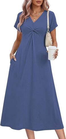 WNEEDU Women’s Summer Midi Dress 2026 Casual Short Sleeve V Neck Twist Front Loose Long T Shirt Dresses Beach Vacation Outfit in Saudi Arabia