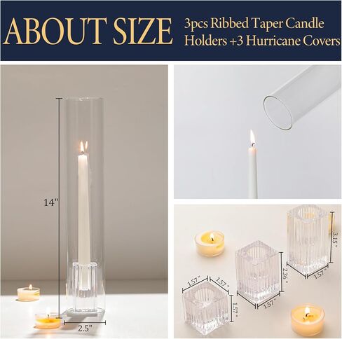 LETINE Hurricane Candle Holders with Ribbed Taper Candle Holders Set of 3(14")- Windproof & Elegant Candle Holder with Glass Cover for Outdoor&Indoors Wedding Centerpieces, Events & Home Decor in Kuwait