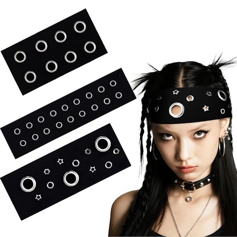 3 Pcs Women Grommet Headband Y2k Punk Grunge Wide Hairbands Hollow out Eyelets Elastic Headband Casual Hair Accessory Fashionable Metal Hairbands Stretchy(Black,Classic) in Kuwait