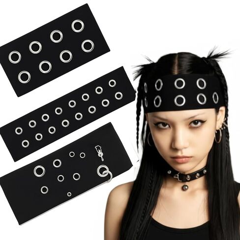 3 Pcs Women Grommet Headband Y2k Punk Grunge Wide Hairbands Hollow out Eyelets Elastic Headband Casual Hair Accessory Fashionable Metal Hairbands Stretchy(Black,Classic) in Saudi Arabia