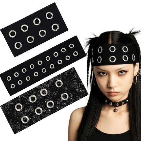 3 Pcs Women Grommet Headband Y2k Punk Grunge Wide Hairbands Hollow out Eyelets Elastic Headband Casual Hair Accessory Fashionable Metal Hairbands Stretchy(Black,Classic) in Saudi Arabia