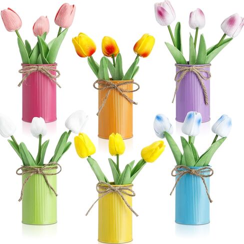 Uiifan 6 Sets Easter Centerpieces for Tables Easter Office Decorations Spring Artificial Tulip with Galvanized Metal Pot Colorful Artificial Tulips Flowers for Home Office Wedding Party Baby Shower in Saudi Arabia