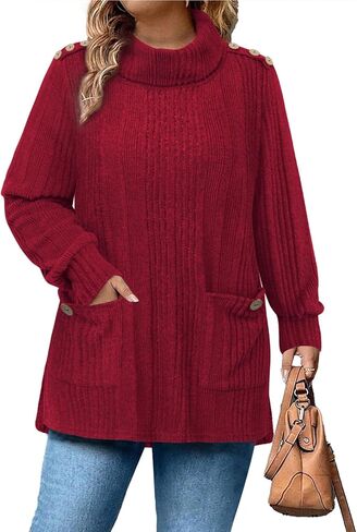 Siddhe Plus Size Turtleneck Tops for Women High Neck Long Sleeve Tunic with Pockets Fall Winter Sweater XL-5XL in Kuwait