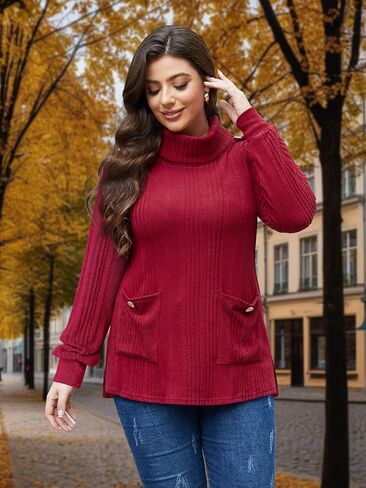 Siddhe بلوزات بياقة مدورة مقاس كبير للنساء بياقة عالية وأكمام طويلة مع جيوب سترة خريف وشتاء XL-5XL in Kuwait