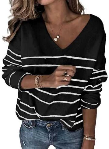 Women's Oversized V Neck Cute Striped Sweaters Fall 2025 Lightweight Cozy Ribbed Knit Long Sleeve Pullover Sweater in Kuwait