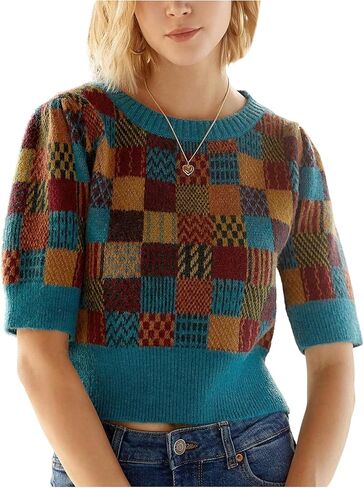 MakeMeChic Women's Checkered Sweater Crew Neck Long Sleeve Vintage Pullover Crop Tops in Saudi Arabia