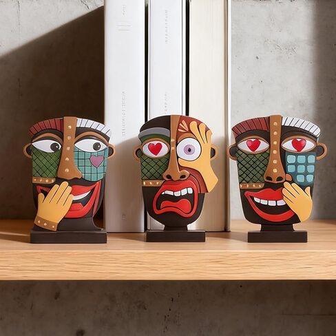 مجموعة منحوتات صغيرة ملونة للوجه التجريدي مكونة من 3 قطع، ديكور فني حديث من الراتنج مرسومة يدويًا للرف والمكتب وغرفة المعيشة والمكتب وهدية غير تقليدية فريدة من نوعها للأصدقاء ولمسات المنزل in Kuwait