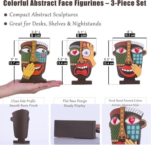 مجموعة منحوتات صغيرة ملونة للوجه التجريدي مكونة من 3 قطع، ديكور فني حديث من الراتنج مرسومة يدويًا للرف والمكتب وغرفة المعيشة والمكتب وهدية غير تقليدية فريدة من نوعها للأصدقاء ولمسات المنزل in Kuwait