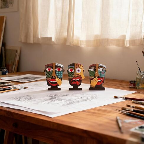 مجموعة منحوتات صغيرة ملونة للوجه التجريدي مكونة من 3 قطع، ديكور فني حديث من الراتنج مرسومة يدويًا للرف والمكتب وغرفة المعيشة والمكتب وهدية غير تقليدية فريدة من نوعها للأصدقاء ولمسات المنزل in Kuwait