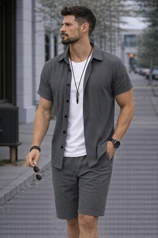 Mens Short Set Two Piece Outfit Button Down Shirt and Drawstring Shorts Matching Casual Coord for Daily Wear Travel in Saudi Arabia