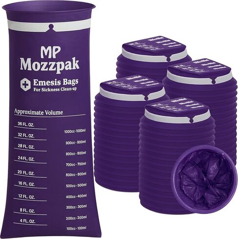 أكياس القيء MP MOZZPAK للاستعمال مرة واحدة - 100 عبوة - أكياس بارف 1000 مل - مقاومة للتسرب، درجة طبية، أكياس التقيؤ المحمولة، التقيؤ، الرمي، أكياس الغثيان للسفر ودوار الحركة، السيارات والطائرات، الأطفال، سيارات الأجرة in Kuwait