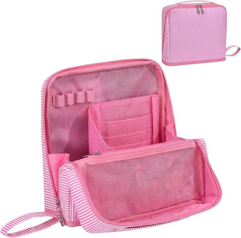 Striped Makeup Bag Large Cosmetic Bags for Women Gift with Brush Loops Mesh Pocket Wrist Strap Travel Organizer Storage Pouch Toiletry Case with Divider for Mirror(Blue) in Saudi Arabia