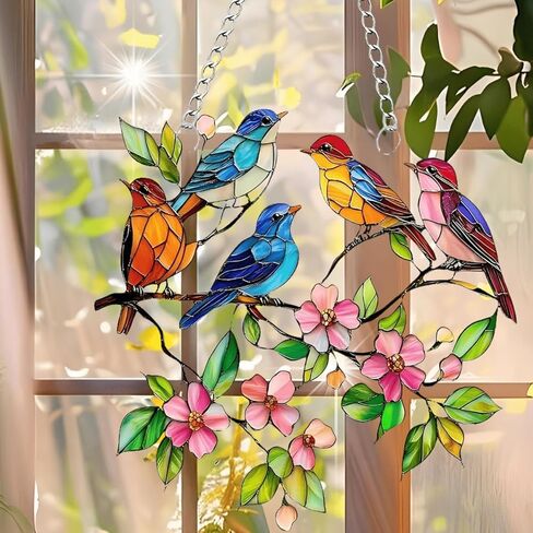 1PC Birds with Flowers Acrylic Suncatcher Hanging, 7.08 inch Window Decor with Printed Stained Glass Style Design, Rainbow Maker Wall Art, Gift Idea & Garden Ornament Indoor Outdoor Use/DW-10 in Saudi Arabia