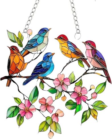 1PC Birds with Flowers Acrylic Suncatcher Hanging, 7.08 inch Window Decor with Printed Stained Glass Style Design, Rainbow Maker Wall Art, Gift Idea & Garden Ornament Indoor Outdoor Use/DW-10 in Saudi Arabia