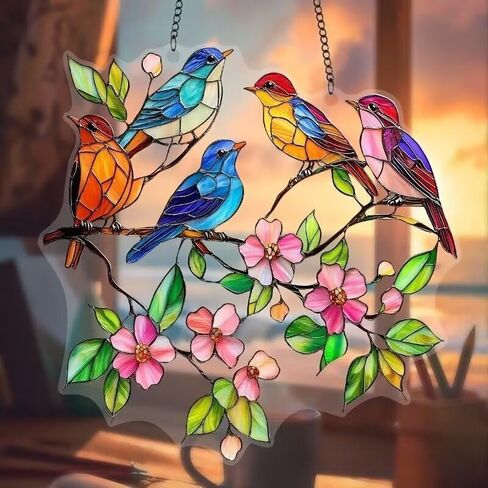 1PC Birds with Flowers Acrylic Suncatcher Hanging, 7.08 inch Window Decor with Printed Stained Glass Style Design, Rainbow Maker Wall Art, Gift Idea & Garden Ornament Indoor Outdoor Use/DW-10 in Saudi Arabia
