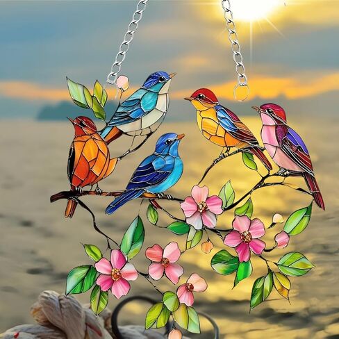 1PC Birds with Flowers Acrylic Suncatcher Hanging, 7.08 inch Window Decor with Printed Stained Glass Style Design, Rainbow Maker Wall Art, Gift Idea & Garden Ornament Indoor Outdoor Use/DW-10 in Saudi Arabia