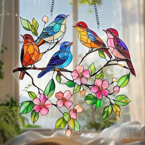 1PC Birds with Flowers Acrylic Suncatcher Hanging, 7.08 inch Window Decor with Printed Stained Glass Style Design, Rainbow Maker Wall Art, Gift Idea & Garden Ornament Indoor Outdoor Use/DW-10 in Saudi Arabia