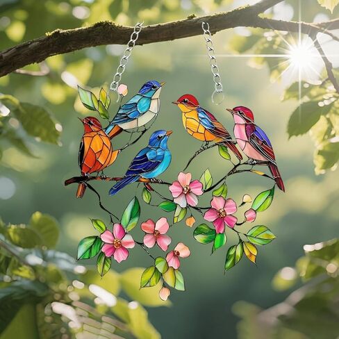 1PC Birds with Flowers Acrylic Suncatcher Hanging, 7.08 inch Window Decor with Printed Stained Glass Style Design, Rainbow Maker Wall Art, Gift Idea & Garden Ornament Indoor Outdoor Use/DW-10 in Saudi Arabia