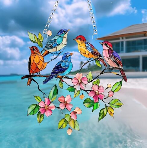 1PC Birds with Flowers Acrylic Suncatcher Hanging, 7.08 inch Window Decor with Printed Stained Glass Style Design, Rainbow Maker Wall Art, Gift Idea & Garden Ornament Indoor Outdoor Use/DW-10 in Saudi Arabia