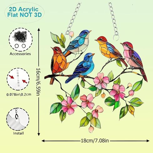 1PC Birds with Flowers Acrylic Suncatcher Hanging, 7.08 inch Window Decor with Printed Stained Glass Style Design, Rainbow Maker Wall Art, Gift Idea & Garden Ornament Indoor Outdoor Use/DW-10 in Saudi Arabia