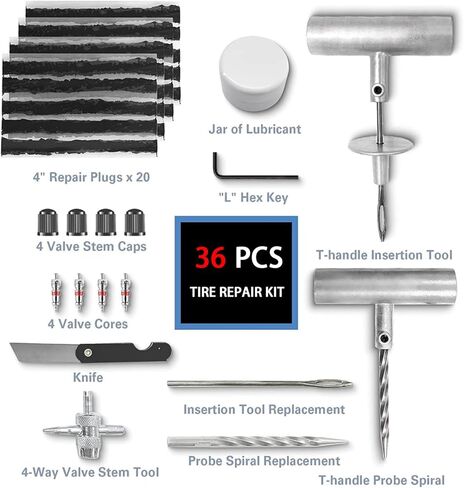 36PCS Heavy-Duty Universal Tire Plug Repair Kit – Car/Motorcycle/Truck/RV Emergency Flat-Tire Fix Set with T-Handles, 20 Self-Vulcanizing Plugs, Valve Tools & Compact Storage Bag in Saudi Arabia