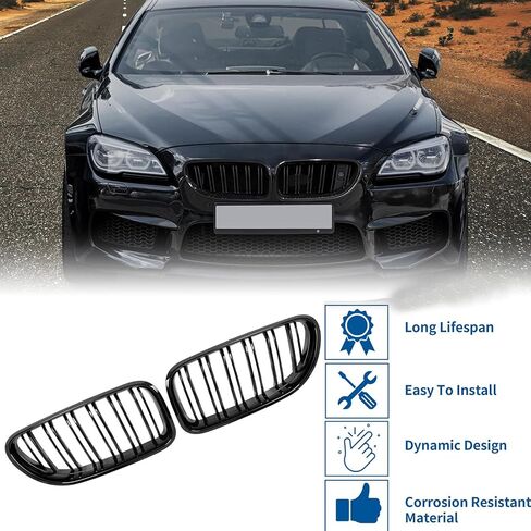 الجبهة العلوي غطاء محرك السيارة الوفير مصبغة الكلى لسيارات BMW M6 F06 2012-2018 اليسار اليمين شريحة مزدوجة لمعان أسود زوج استبدال مجموعة الشواية للترقية الخارجية in Kuwait