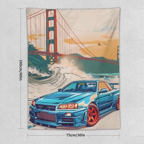 qeopgne سيارة كبيرة نسيج الجدار شنقا ديكور جسر البوابة الذهبية موجات كبيرة اليابانية الرجعية jdm سيارة r34 نسيج لغرفة المعيشة جدار ديكور كبير جدار الفن المفروشات 30 "x40" in Kuwait
