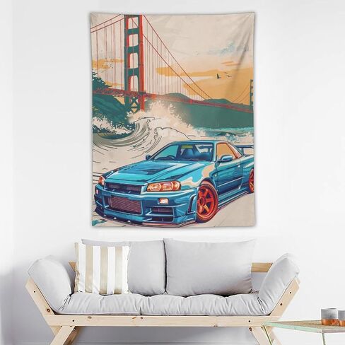 qeopgne سيارة كبيرة نسيج الجدار شنقا ديكور جسر البوابة الذهبية موجات كبيرة اليابانية الرجعية jdm سيارة r34 نسيج لغرفة المعيشة جدار ديكور كبير جدار الفن المفروشات 30 "x40" in Kuwait