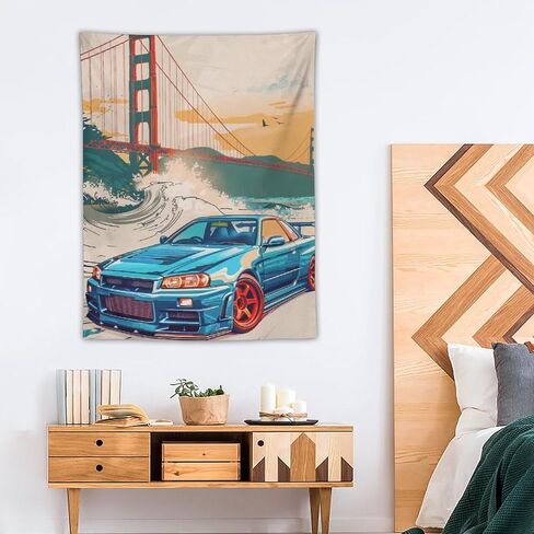 qeopgne سيارة كبيرة نسيج الجدار شنقا ديكور جسر البوابة الذهبية موجات كبيرة اليابانية الرجعية jdm سيارة r34 نسيج لغرفة المعيشة جدار ديكور كبير جدار الفن المفروشات 30 "x40" in Kuwait
