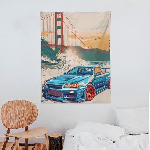 qeopgne سيارة كبيرة نسيج الجدار شنقا ديكور جسر البوابة الذهبية موجات كبيرة اليابانية الرجعية jdm سيارة r34 نسيج لغرفة المعيشة جدار ديكور كبير جدار الفن المفروشات 30 "x40" in Kuwait