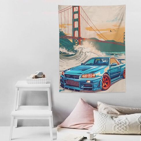 qeopgne سيارة كبيرة نسيج الجدار شنقا ديكور جسر البوابة الذهبية موجات كبيرة اليابانية الرجعية jdm سيارة r34 نسيج لغرفة المعيشة جدار ديكور كبير جدار الفن المفروشات 30 "x40" in Kuwait