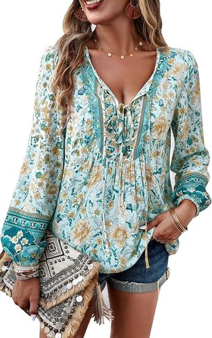 Women's Casual Floral Print V Neck Top Loose Boho Long Sleeve Beach Shirts Blouses in Kuwait