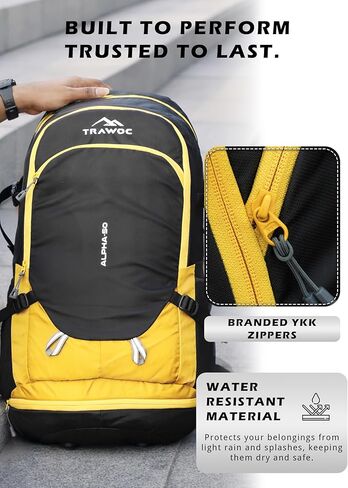 Alpha 50 لتر سفر على ظهر حقيبة ظهر مقاومة للماء لركوب الدراجات التخييم للمشي لمسافات طويلة للرجال والنساء ، الأصفر in Kuwait