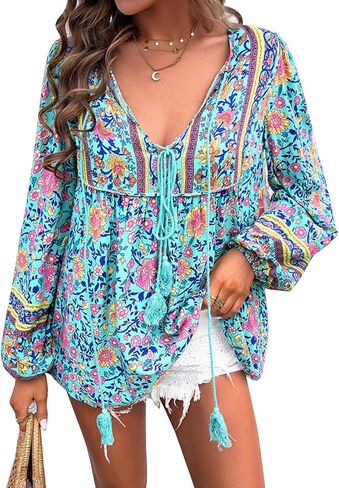 Women's Casual Floral Print V Neck Top Loose Boho Long Sleeve Beach Shirts Blouses in Saudi Arabia