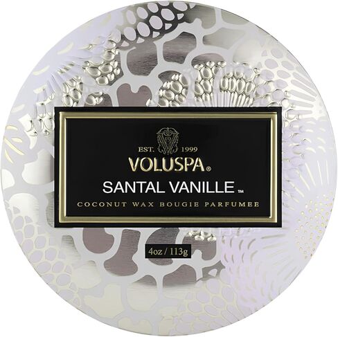 Voluspa Santal Vanille Candle | Mini Tin | 4 Oz. | 25 Hour Burn Time | Vegan | Coconut Wax and Natural Wicks for a Cleaner Burn in Kuwait