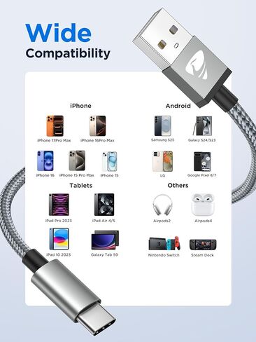 كابل USB C [2 Pack 6ft] USB A إلى USB C Cable 3a شحن سريع USB Type C Cable Cable Cable USB C Cord for iPhone 16 15 Pro Max ، Samsung Galaxy S24 S23 Ultra S22 S21 S20 S9 S10 ، LG ، Google ، Google in Kuwait