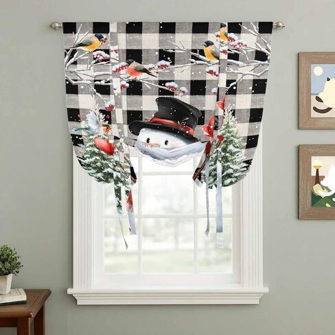 Plaid Snowman Christmas Tie Up Curtains for Window, Xmas Tree Snowflake Birds Branches Thermal Balloon Shade Adjustable Rod Pocket Curtains Valance Panels for Kitchen Bathroom Café 34'' x 45'' in Saudi Arabia