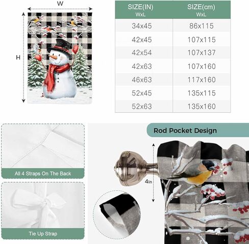 Plaid Snowman Christmas Tie Up Curtains for Window, Xmas Tree Snowflake Birds Branches Thermal Balloon Shade Adjustable Rod Pocket Curtains Valance Panels for Kitchen Bathroom Café 34'' x 45'' in Saudi Arabia