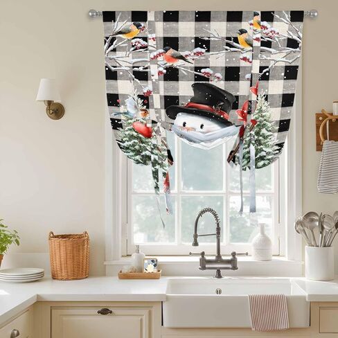 Plaid Snowman Christmas Tie Up Curtains for Window, Xmas Tree Snowflake Birds Branches Thermal Balloon Shade Adjustable Rod Pocket Curtains Valance Panels for Kitchen Bathroom Café 34'' x 45'' in Saudi Arabia