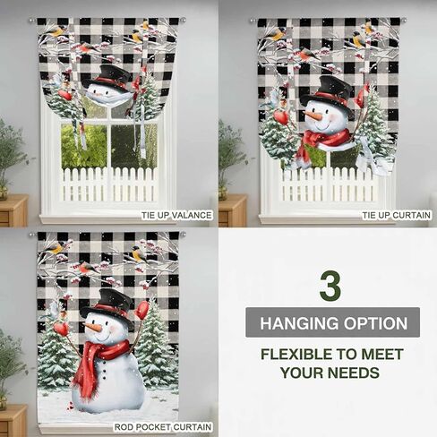 Plaid Snowman Christmas Tie Up Curtains for Window, Xmas Tree Snowflake Birds Branches Thermal Balloon Shade Adjustable Rod Pocket Curtains Valance Panels for Kitchen Bathroom Café 34'' x 45'' in Saudi Arabia