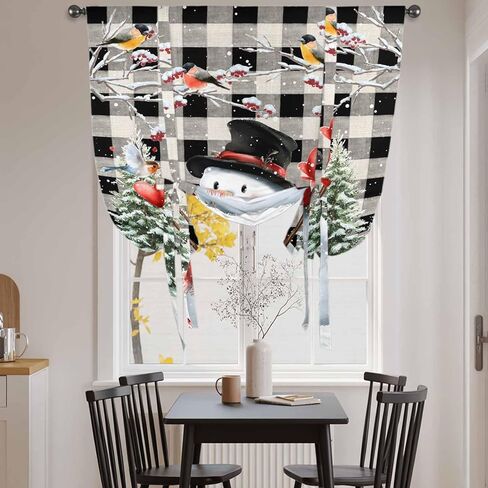 Plaid Snowman Christmas Tie Up Curtains for Window, Xmas Tree Snowflake Birds Branches Thermal Balloon Shade Adjustable Rod Pocket Curtains Valance Panels for Kitchen Bathroom Café 34'' x 45'' in Saudi Arabia