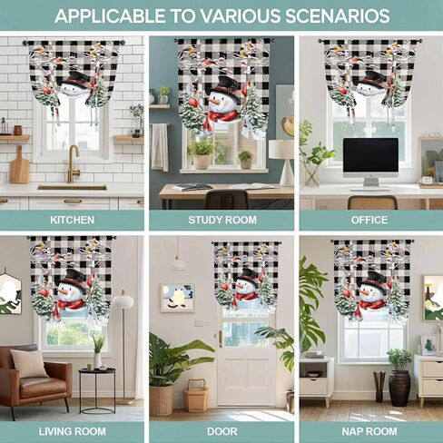 Plaid Snowman Christmas Tie Up Curtains for Window, Xmas Tree Snowflake Birds Branches Thermal Balloon Shade Adjustable Rod Pocket Curtains Valance Panels for Kitchen Bathroom Café 34'' x 45'' in Saudi Arabia