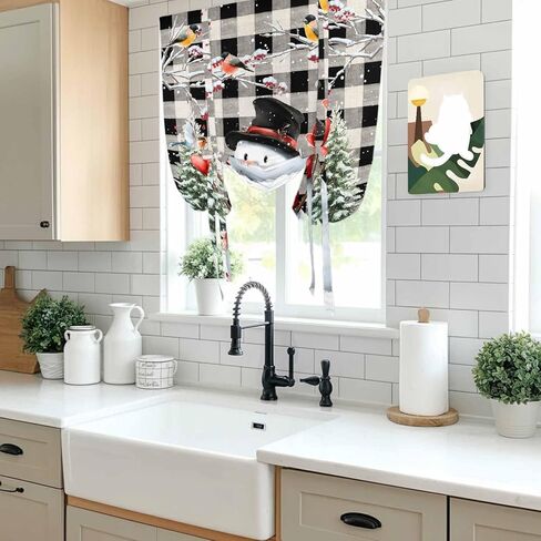 Plaid Snowman Christmas Tie Up Curtains for Window, Xmas Tree Snowflake Birds Branches Thermal Balloon Shade Adjustable Rod Pocket Curtains Valance Panels for Kitchen Bathroom Café 34'' x 45'' in Saudi Arabia