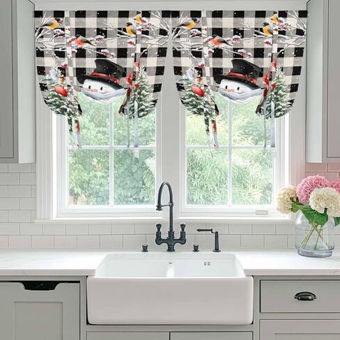 Plaid Snowman Christmas Tie Up Curtains for Window, Xmas Tree Snowflake Birds Branches Thermal Balloon Shade Adjustable Rod Pocket Curtains Valance Panels for Kitchen Bathroom Café 34'' x 45'' in Saudi Arabia