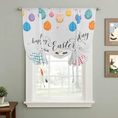 Gnomes Easter Tie Up Curtains for Window, Colorful Eggs Bunny Retro Art Thermal Insulated Balloon Shade Adjustable Rod Pocket Curtains Valance Panels for Kitchen Bathroom Café 52'' x 45'' in Saudi Arabia
