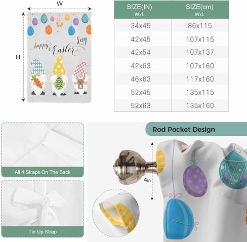 Gnomes Easter Tie Up Curtains for Window, Colorful Eggs Bunny Retro Art Thermal Insulated Balloon Shade Adjustable Rod Pocket Curtains Valance Panels for Kitchen Bathroom Café 52'' x 45'' in Saudi Arabia